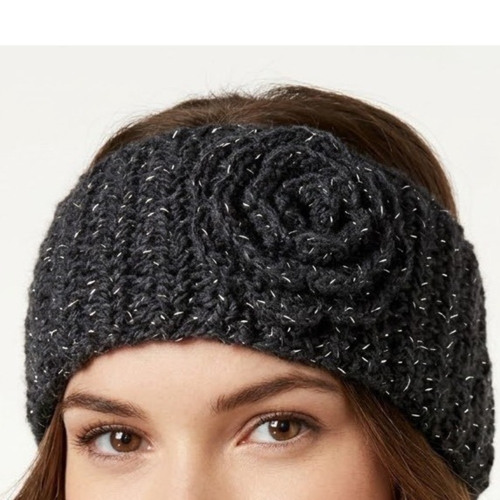 Charlotte Russe Black Metallic Knit Flower Headband Ear Warmer NWT